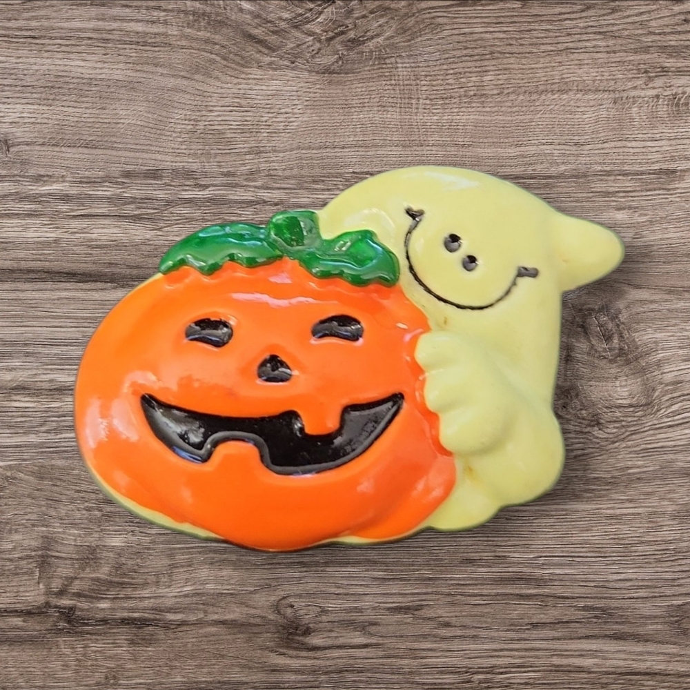 Vintage Coated Ceramic Friendly Ghost Hugging a Smiling Jack-o'-lantern Brooch